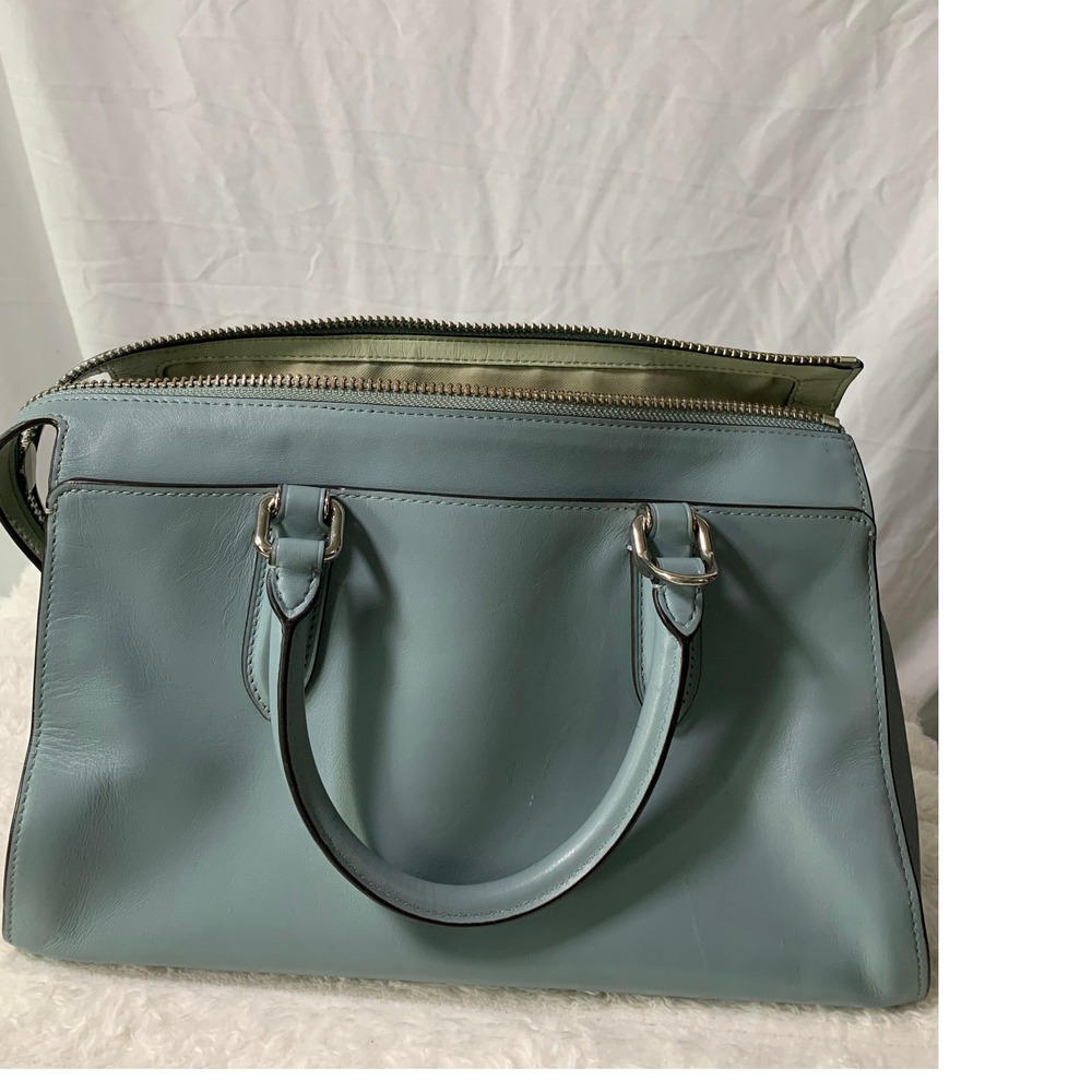 Coach Light Blue Leather Satchel Bag Silver Hardware Top Handle Zip Closure#869 - Picture 3 of 13